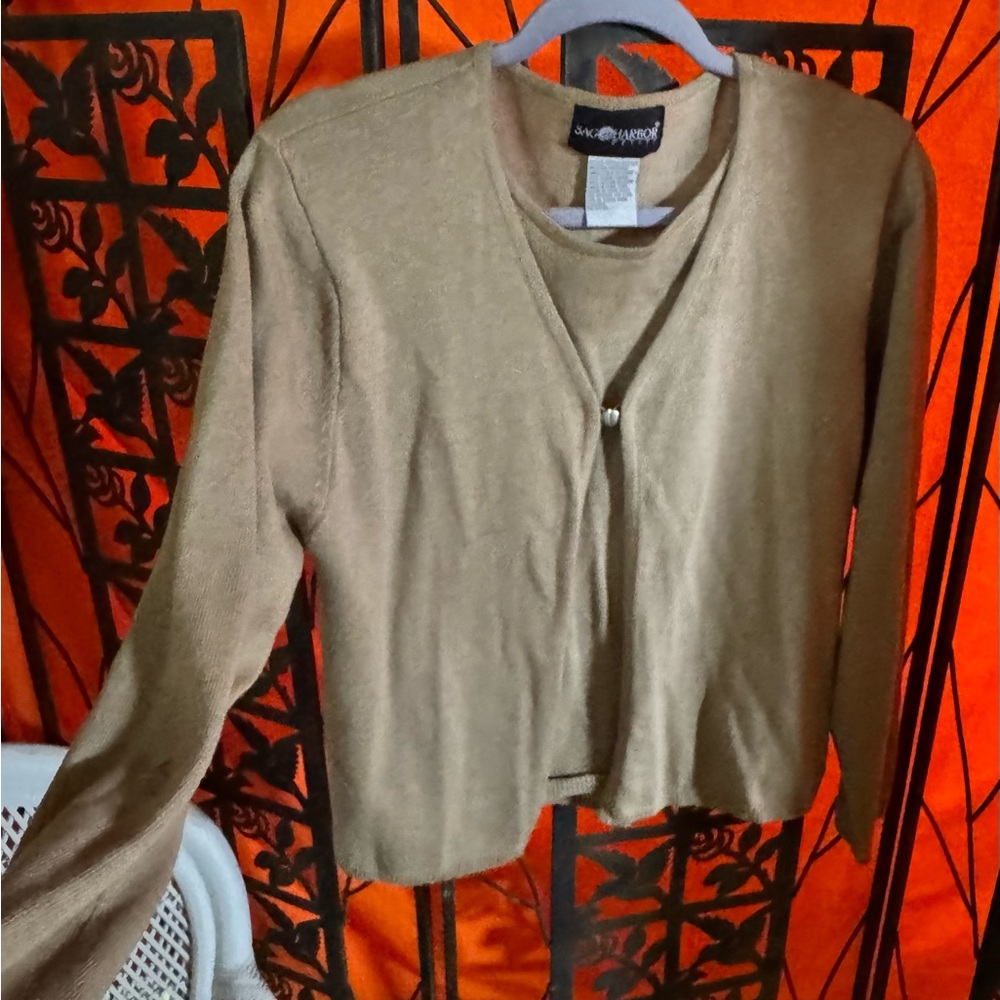 Sag Harbor Women's Lightweight Camel Faux 2 set Sweater